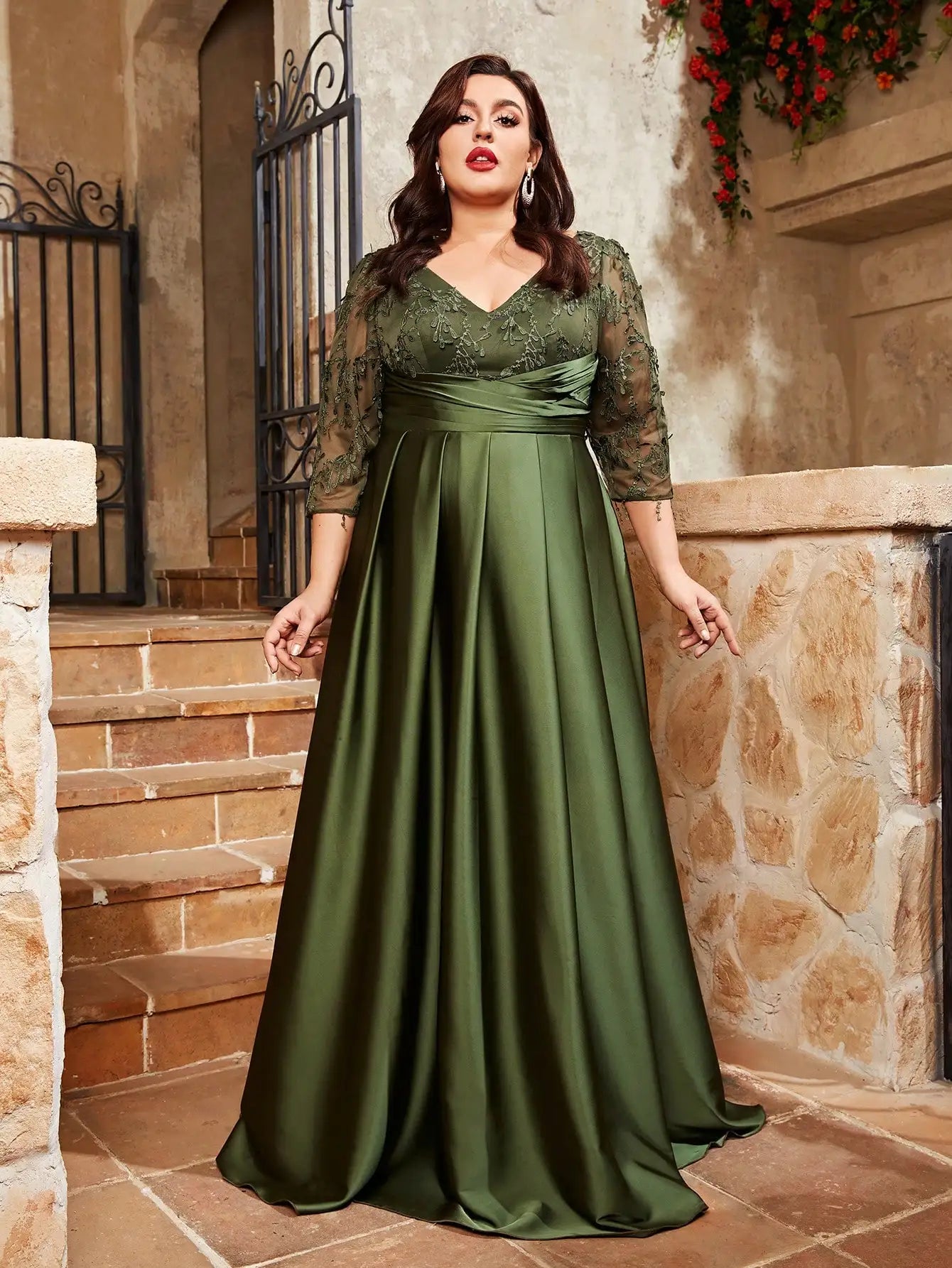 Mgiacy Plus Size Lace Embroidery Satin Evening Gown