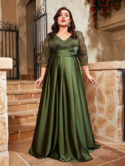 Mgiacy Plus Size Lace Embroidery Satin Evening Gown