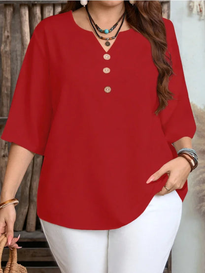 Plus Size Solid Color V-Neck Casual Top
