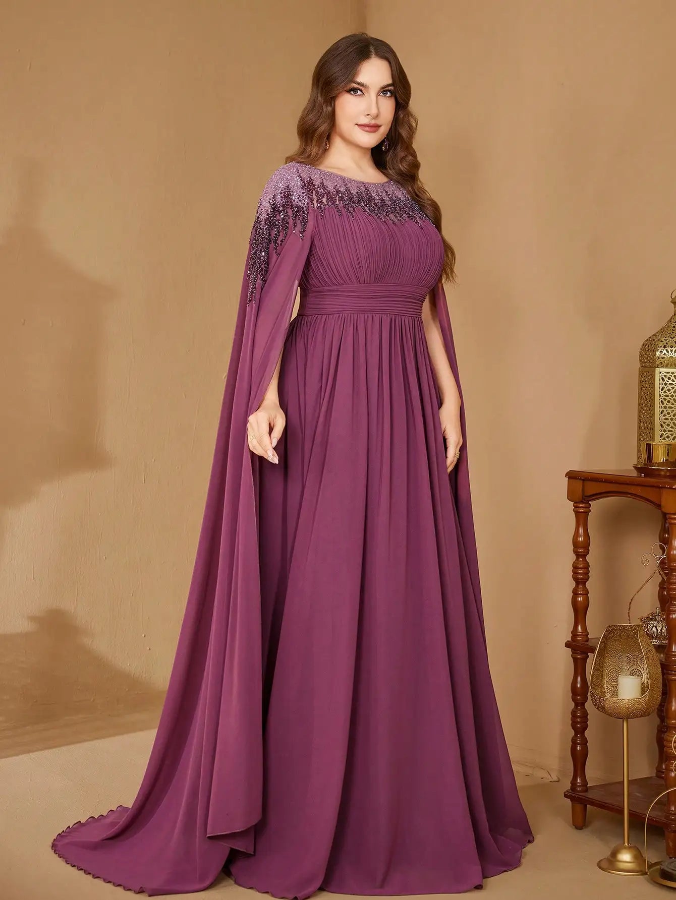 UNITHORSE Plus Size Sequin Cape Sleeve Evening Dress