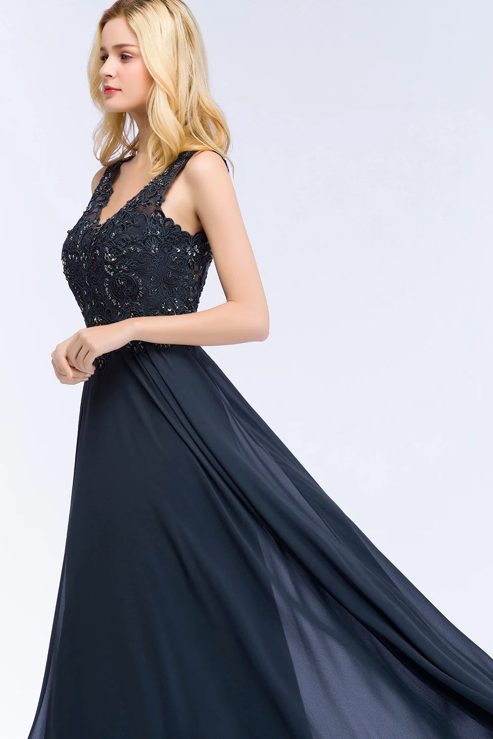 Elegant Navy Blue Chiffon Beaded Evening Gown for Women