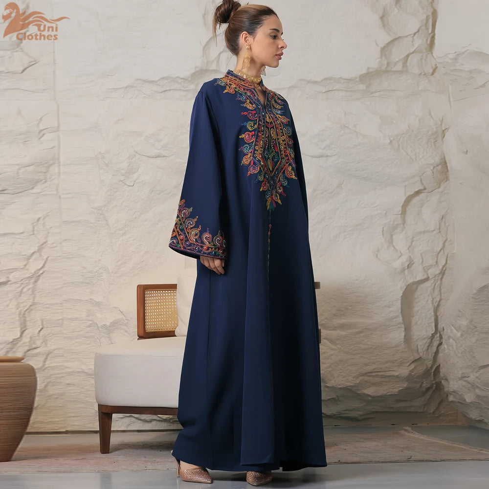 Embroidered V-Neck Dubai Abaya Jalabiya Dress for Women