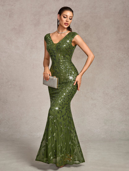 Elegant V-Neck Sequin Mermaid Evening Gown for Women