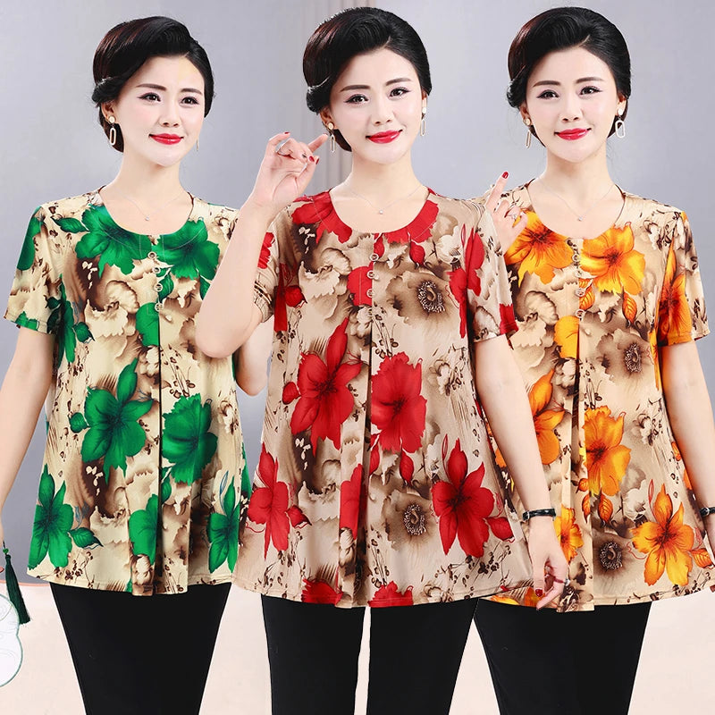 Plus Size Floral Print Pleated T-Shirt