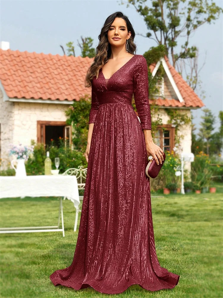 Luxury Blue Sequin V-Neck Evening Gown for Women