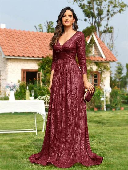 Luxury Blue Sequin V-Neck Evening Gown for Women