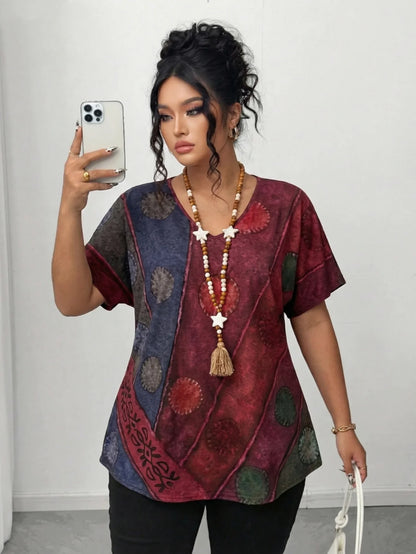 Plus Size Color Block Batwing Sleeve Blouse