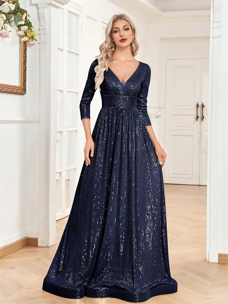 Luxury Blue Sequin V-Neck Evening Gown for Women
