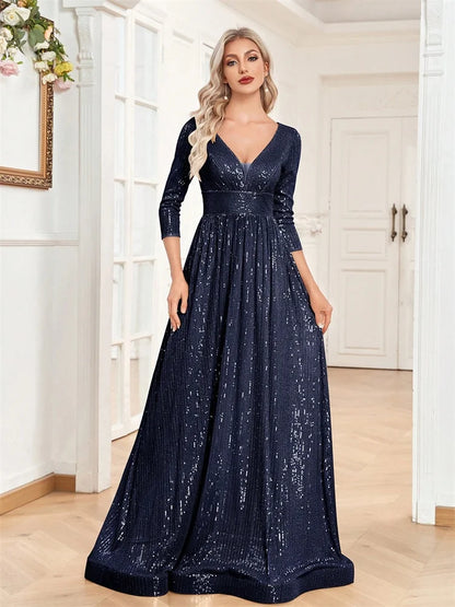 Luxury Blue Sequin V-Neck Evening Gown for Women