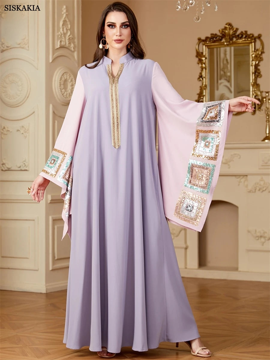 Siskakia Sequin Patchwork Batwing Sleeve Abaya Dress for Women