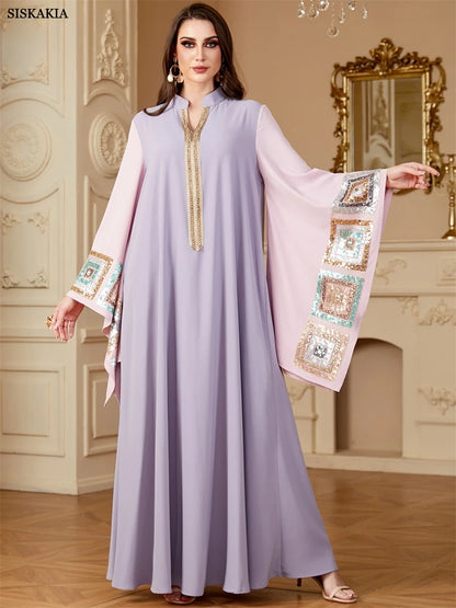 Siskakia Sequin Patchwork Batwing Sleeve Abaya Dress for Women