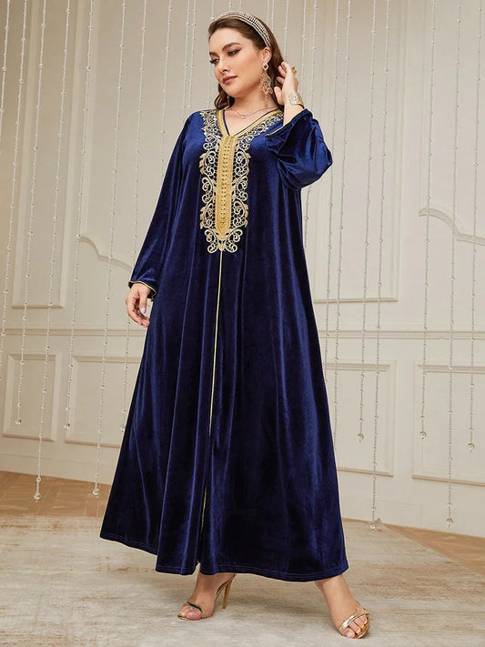 TOLEEN Plus Size Lace Velvet Abaya Maxi Dress