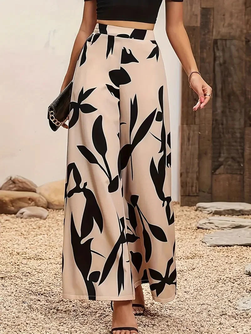 Women’s Leaf Print Wide Leg Casual Pants