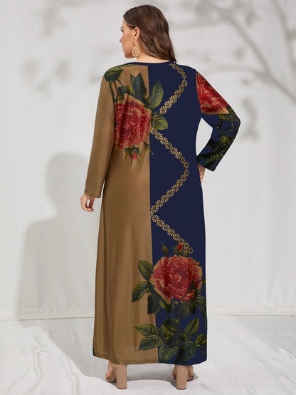 Plus Size Floral Contrast Long Sleeve Dress