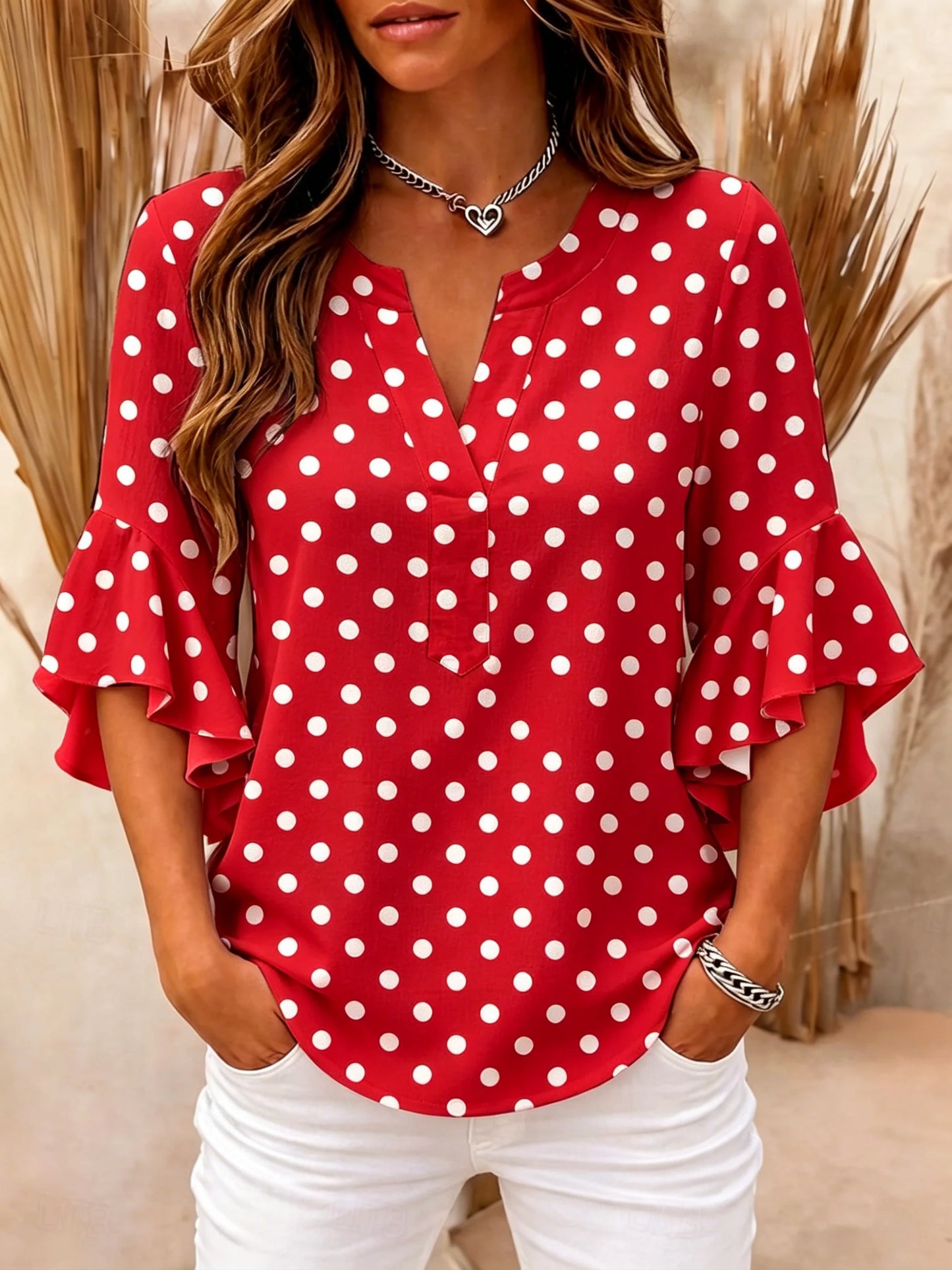 Women’s Polka Dot Ruffle Sleeve V-Neck Blouse