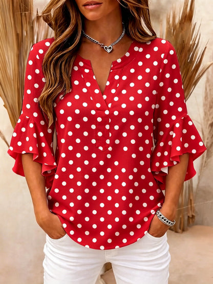 Women’s Polka Dot Ruffle Sleeve V-Neck Blouse