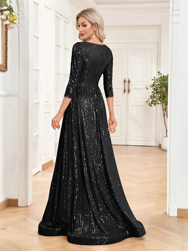 Luxury Blue Sequin V-Neck Evening Gown for Women