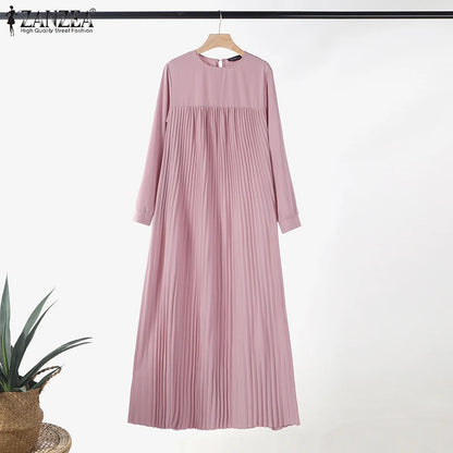 ZANZEA Modest Hijabs Women Pleated Long Dresses Casual O-Neck Long Sleeve Loose Maxi Dress Abaya Robes Woman Muslim Clothes 3XL