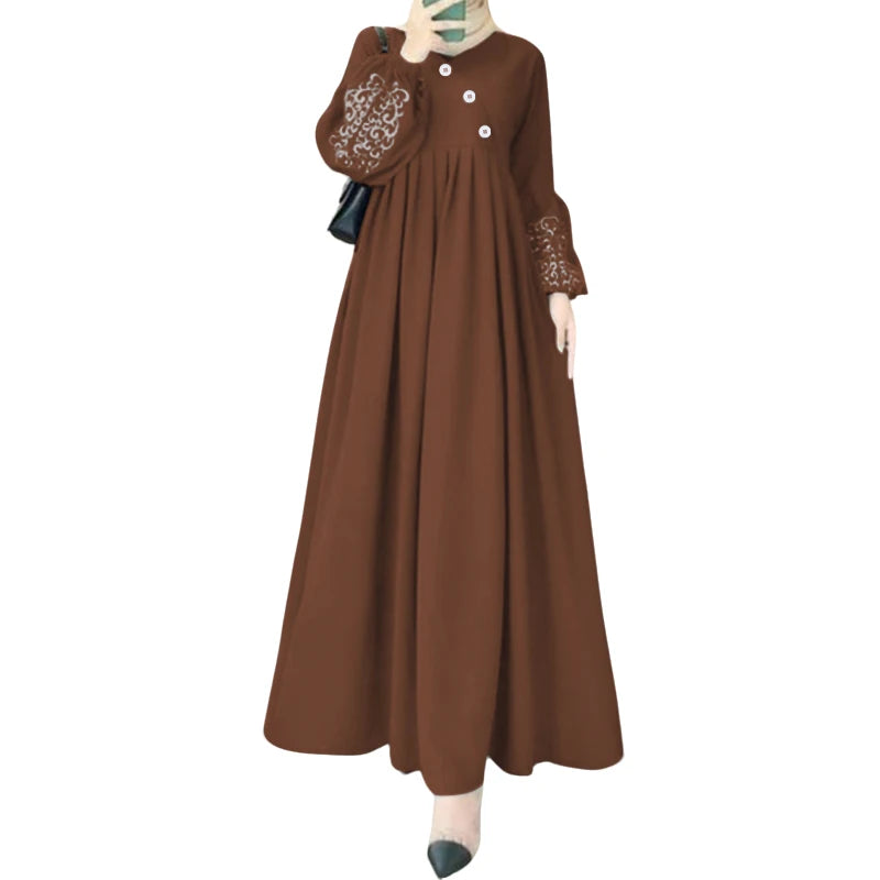 ZANZEA Printed Lantern Sleeve Pleated Abaya Maxi Dress for Women