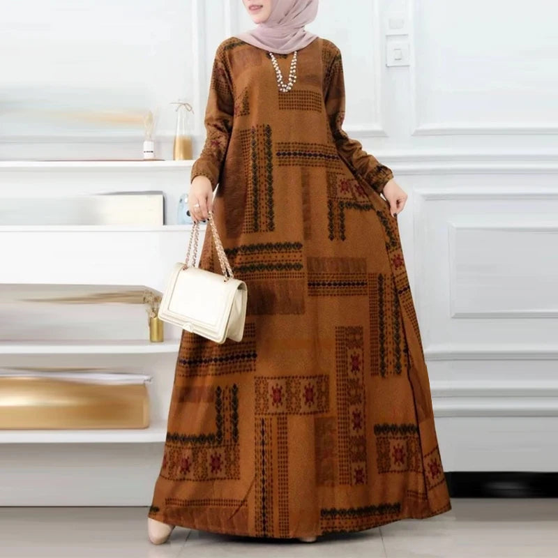 ZANZEA Muslim Women's Vintage Printing Long Dresses Modest Hijabs Long Sleeve Baggy Abaya Robes Islamic Ramadan Eid Kaftan