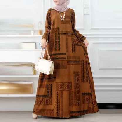 ZANZEA Muslim Women's Vintage Printing Long Dresses Modest Hijabs Long Sleeve Baggy Abaya Robes Islamic Ramadan Eid Kaftan