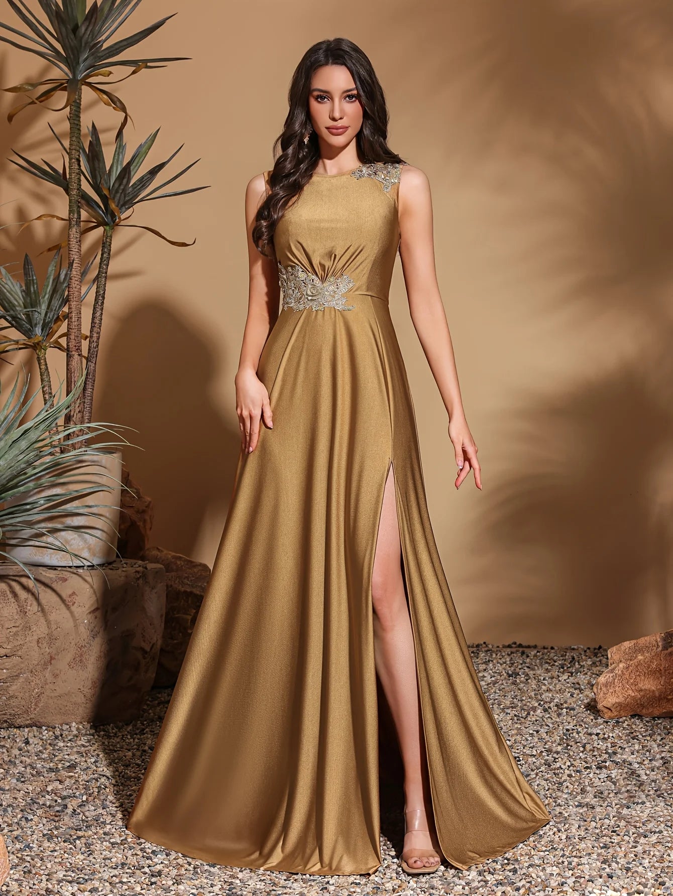 Asymmetrical Appliqué Sleeveless Slit Back Evening Gown for Women