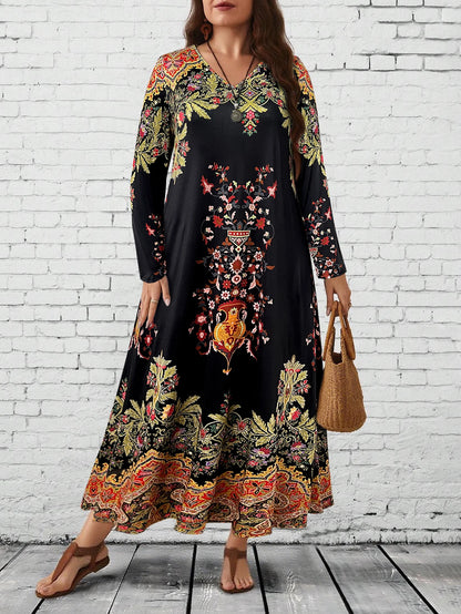 Plus Size Boho Floral V-Neck Maxi Dress