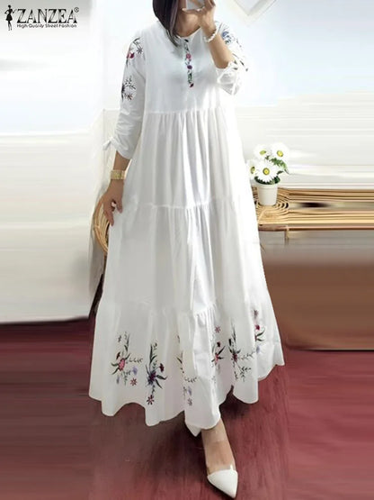 ZANZEA Floral Print Ruffle Hem Abaya Maxi Dress for Women