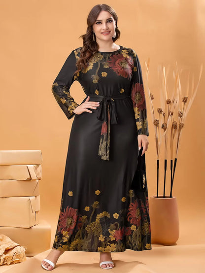 Plus Size Floral Print Long Sleeve Maxi Dress