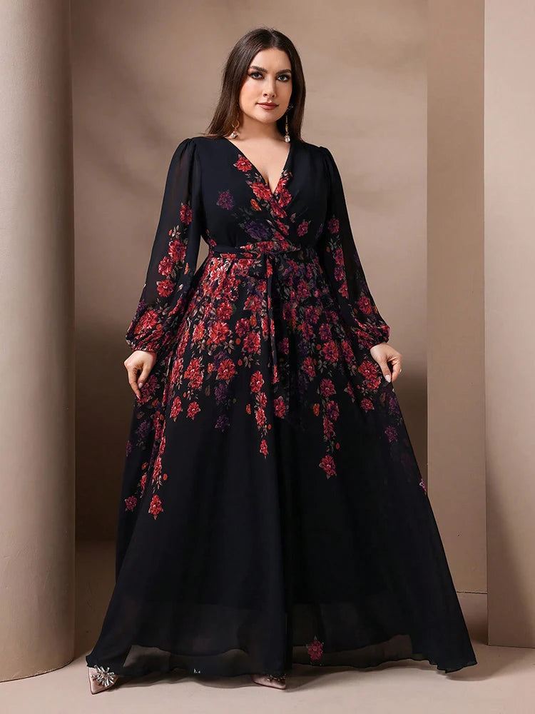 TOLEEN Plus Size Floral Print V-Neck Maxi Dress