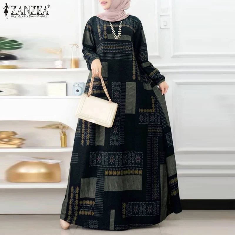 ZANZEA Muslim Women's Vintage Printing Long Dresses Modest Hijabs Long Sleeve Baggy Abaya Robes Islamic Ramadan Eid Kaftan