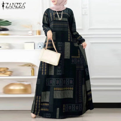 ZANZEA Muslim Women's Vintage Printing Long Dresses Modest Hijabs Long Sleeve Baggy Abaya Robes Islamic Ramadan Eid Kaftan