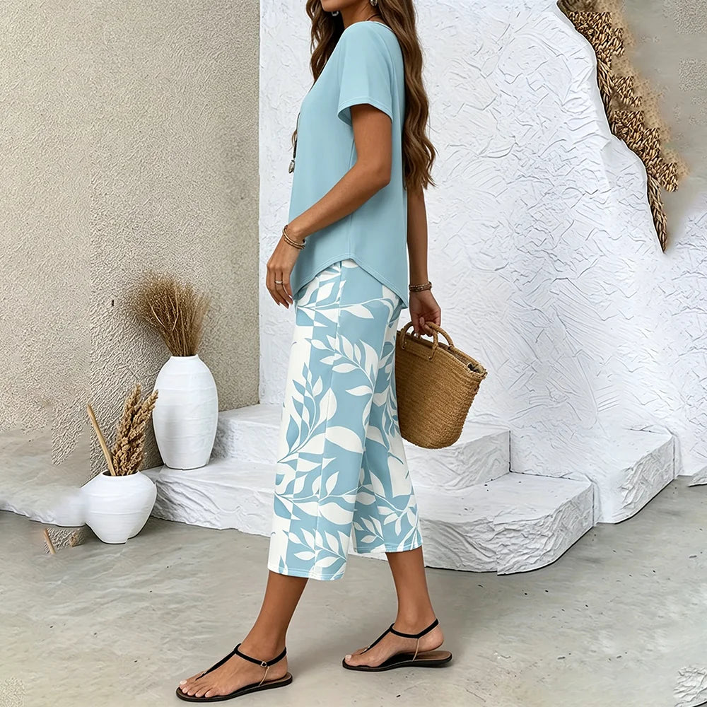 Women’s Leaf Print Pants & Asymmetrical Top Set
