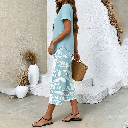 Women’s Leaf Print Pants & Asymmetrical Top Set