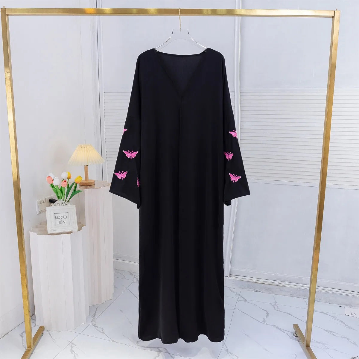 Butterfly Embroidered Open Front Abaya Maxi Dress for Women
