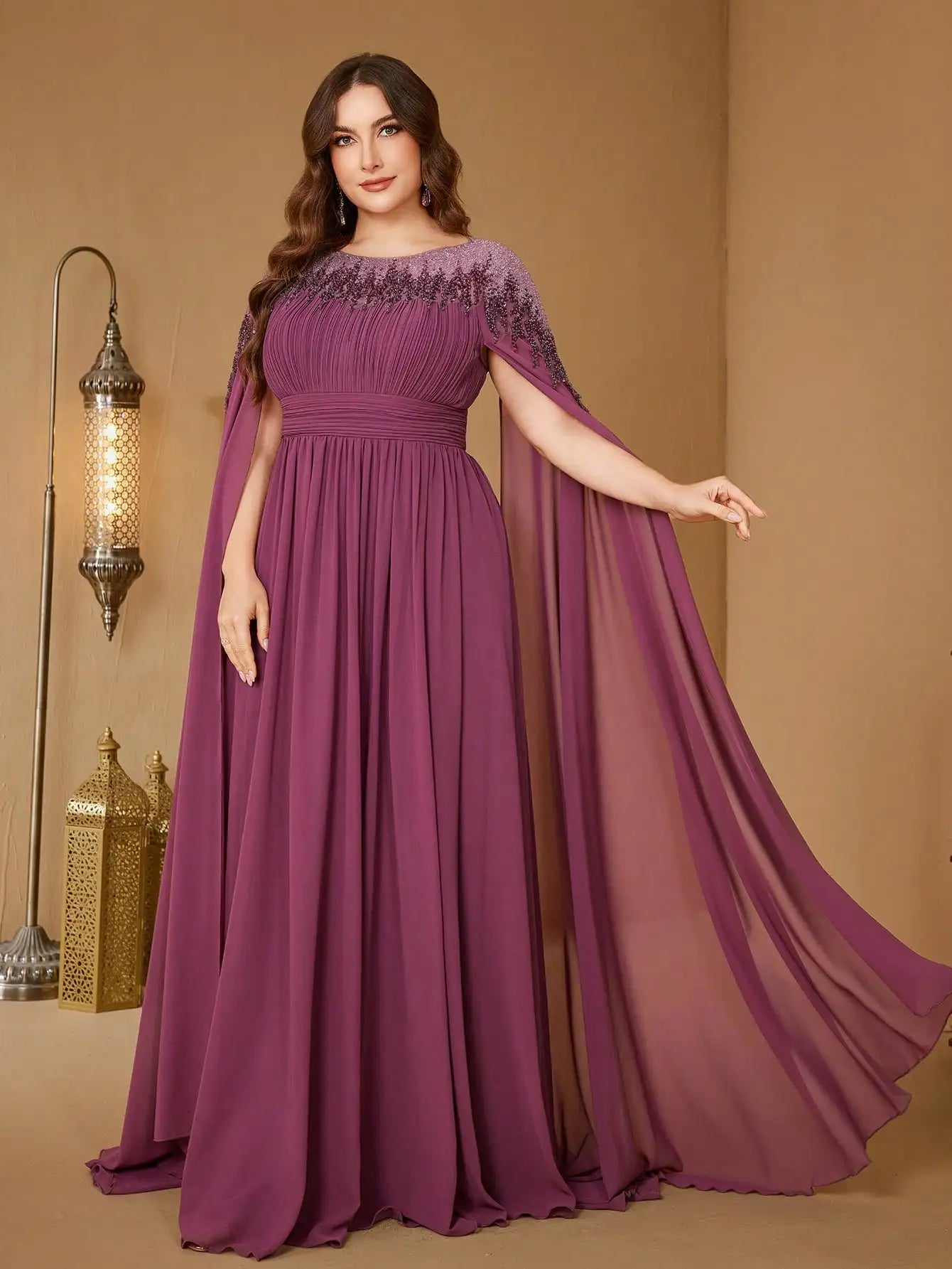 UNITHORSE Plus Size Sequin Cape Sleeve Evening Dress