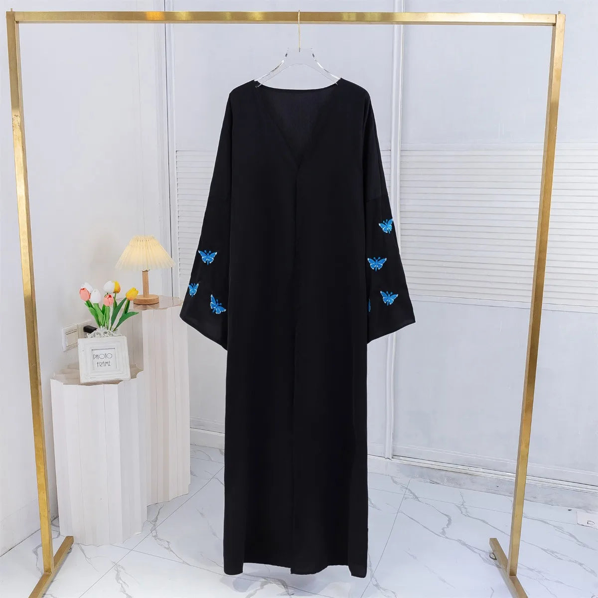 Butterfly Embroidered Open Front Abaya Maxi Dress for Women