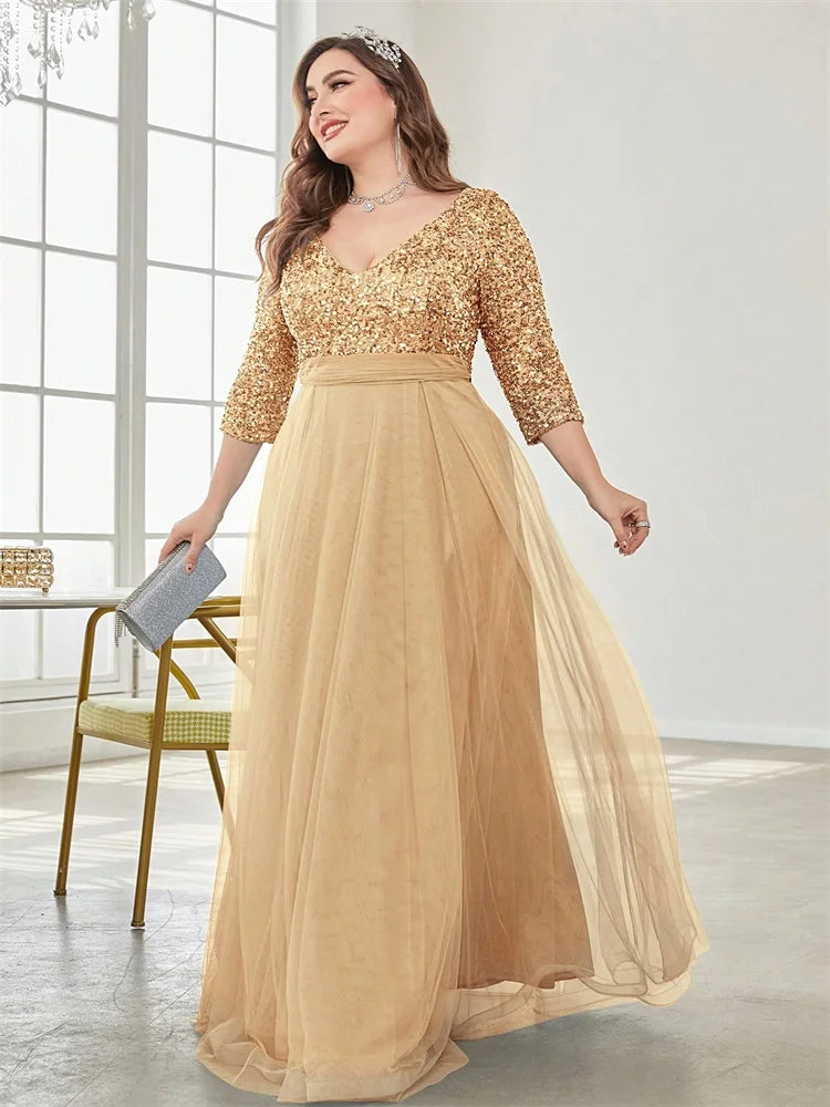 Plus Size Sequin V-Neck Floor-Length Evening Gown for Women