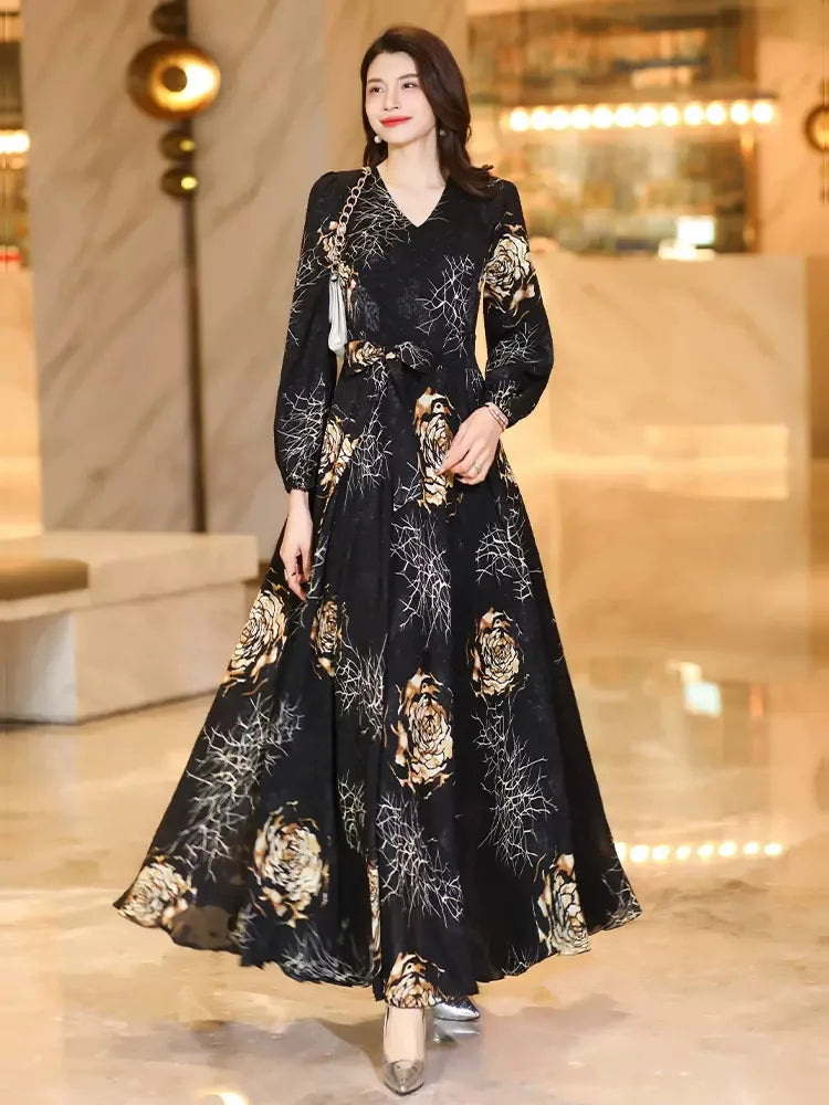 Women’s Printed V-Neck Long Sleeve Maxi Dress
