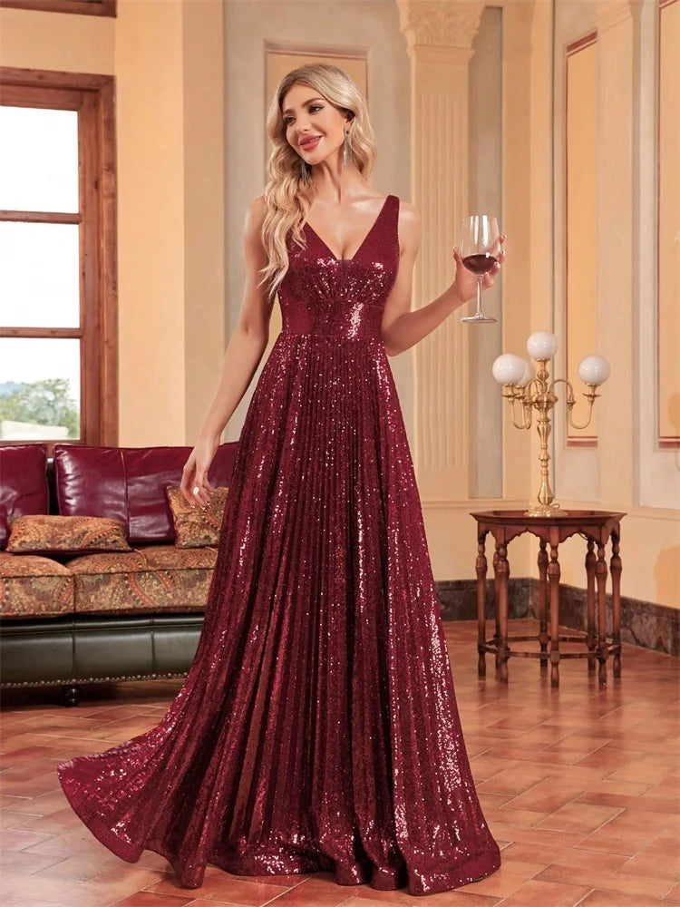 Luxury Red Sequin V-Neck Evening Gown for Women