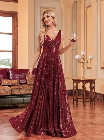 Luxury Red Sequin V-Neck Evening Gown for Women