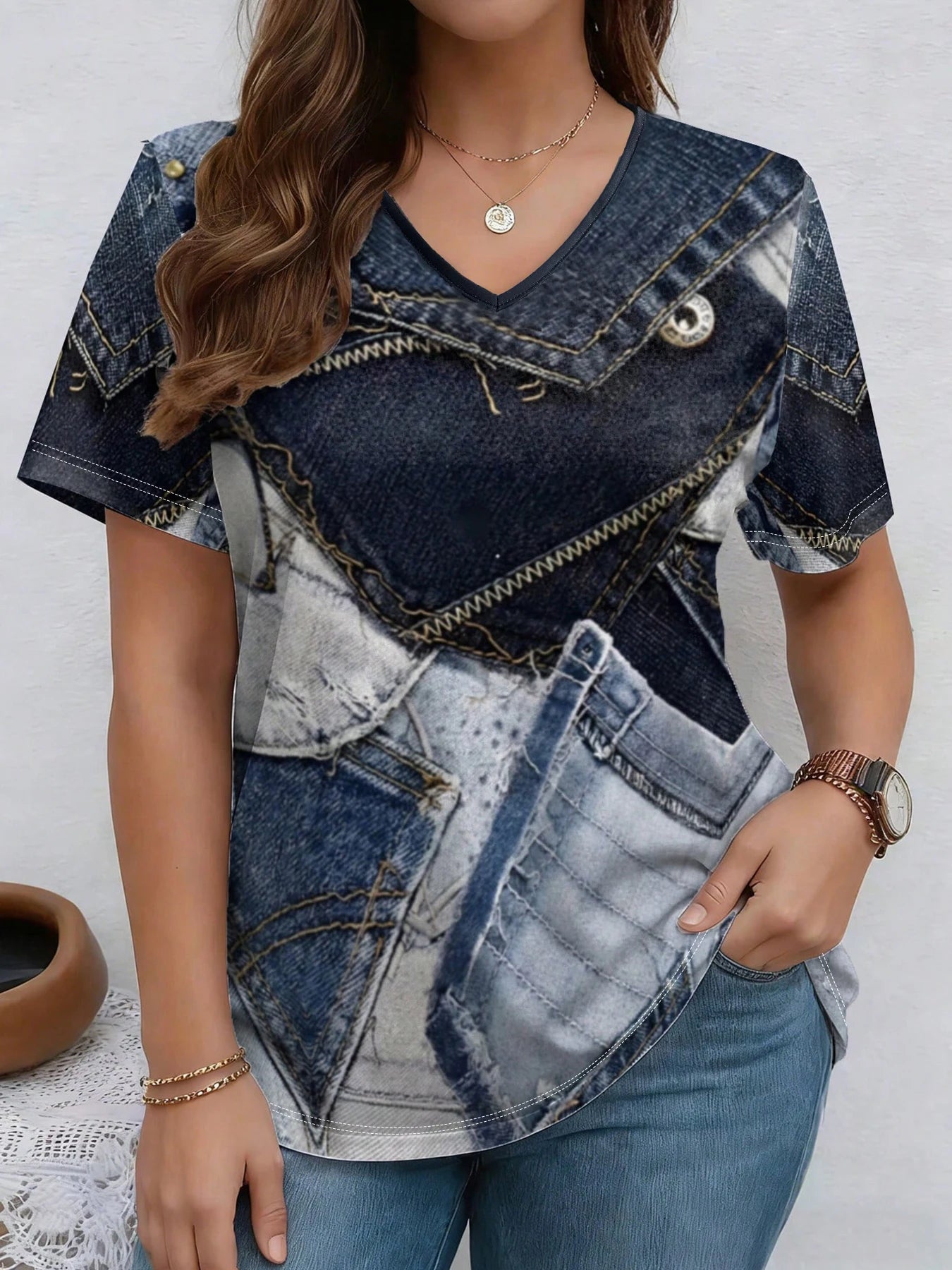 Women’s Denim Print V-Neck Casual T-Shirt