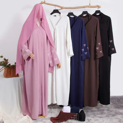 Eid Bow Embroidery Abaya & Hijab 2-Piece Set for Women