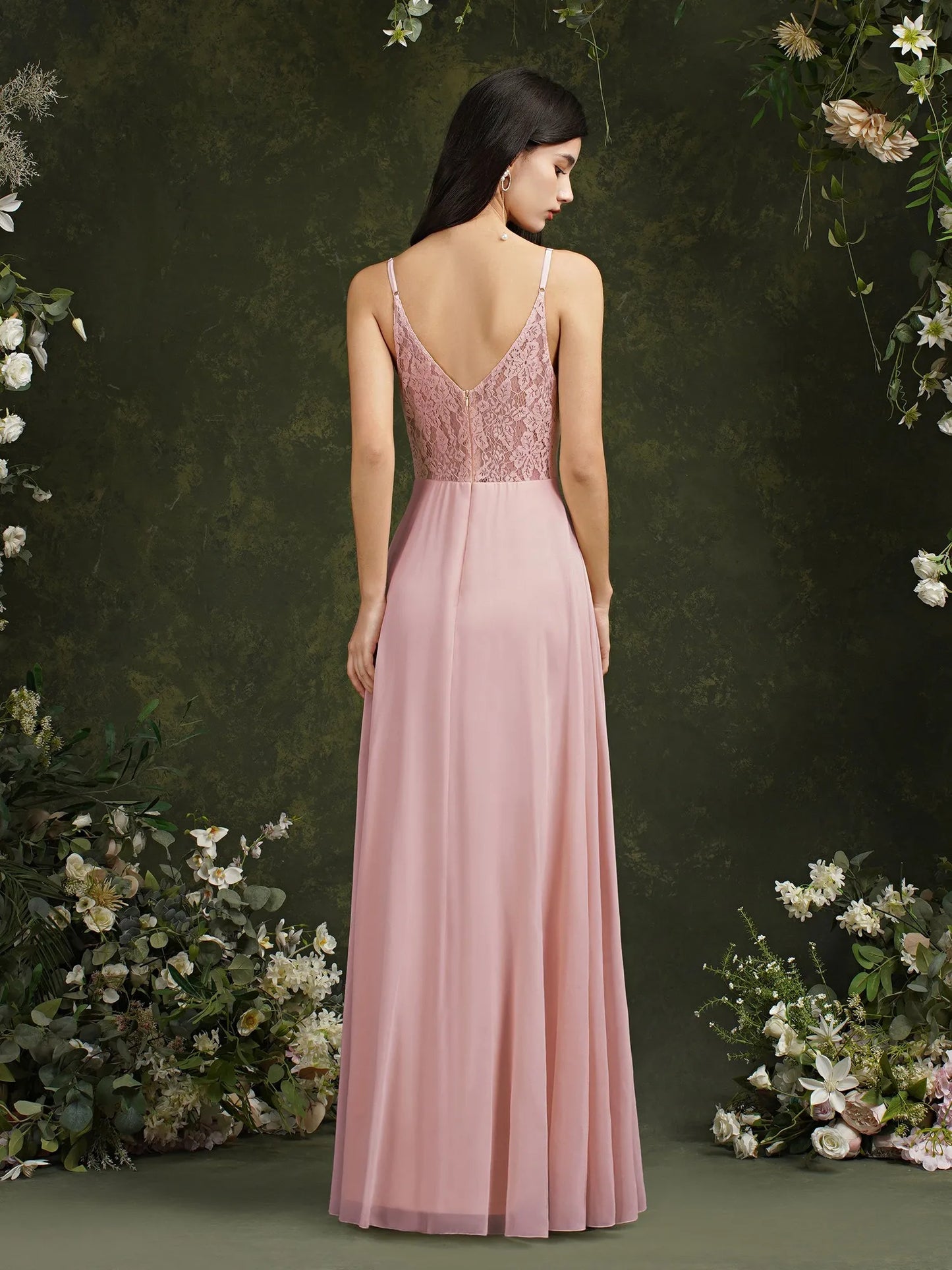 Elegant Sleeveless V-Neck Lace Back Bridesmaid Gown for Women