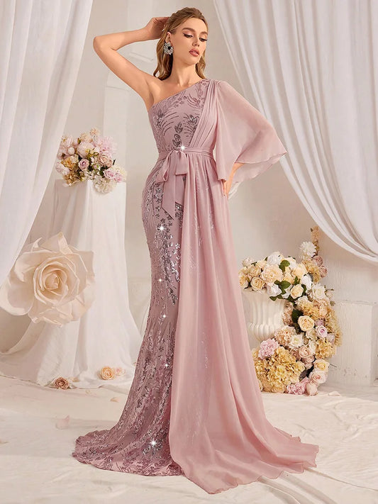 TOLEEN One Shoulder Sequin Maxi Evening Gown