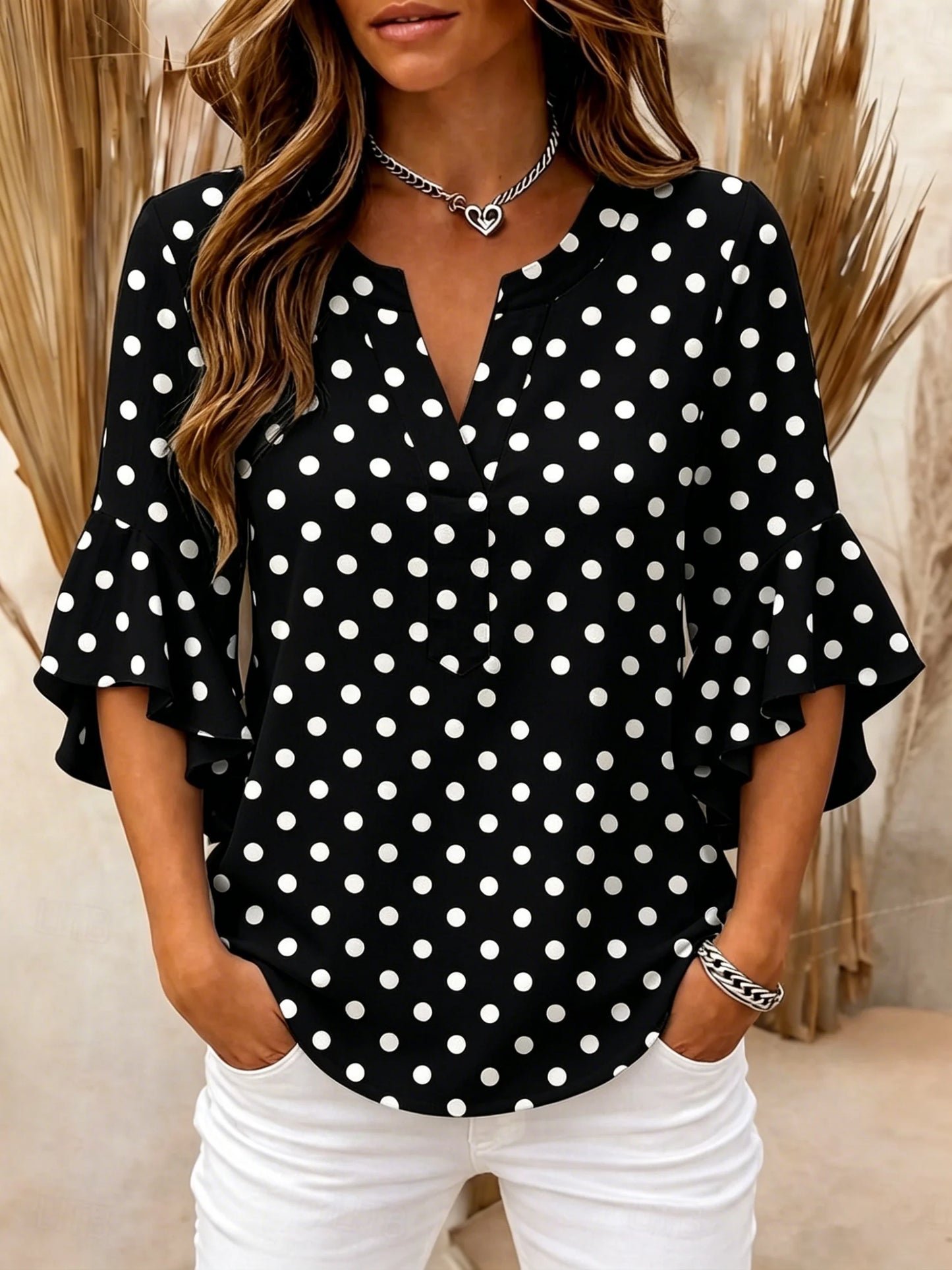 Women’s Polka Dot Ruffle Sleeve V-Neck Blouse