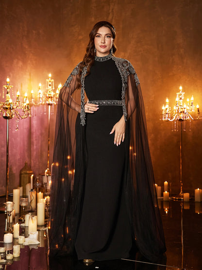 UNITHORSE Plus Size Applique Mesh Maxi Evening Dress