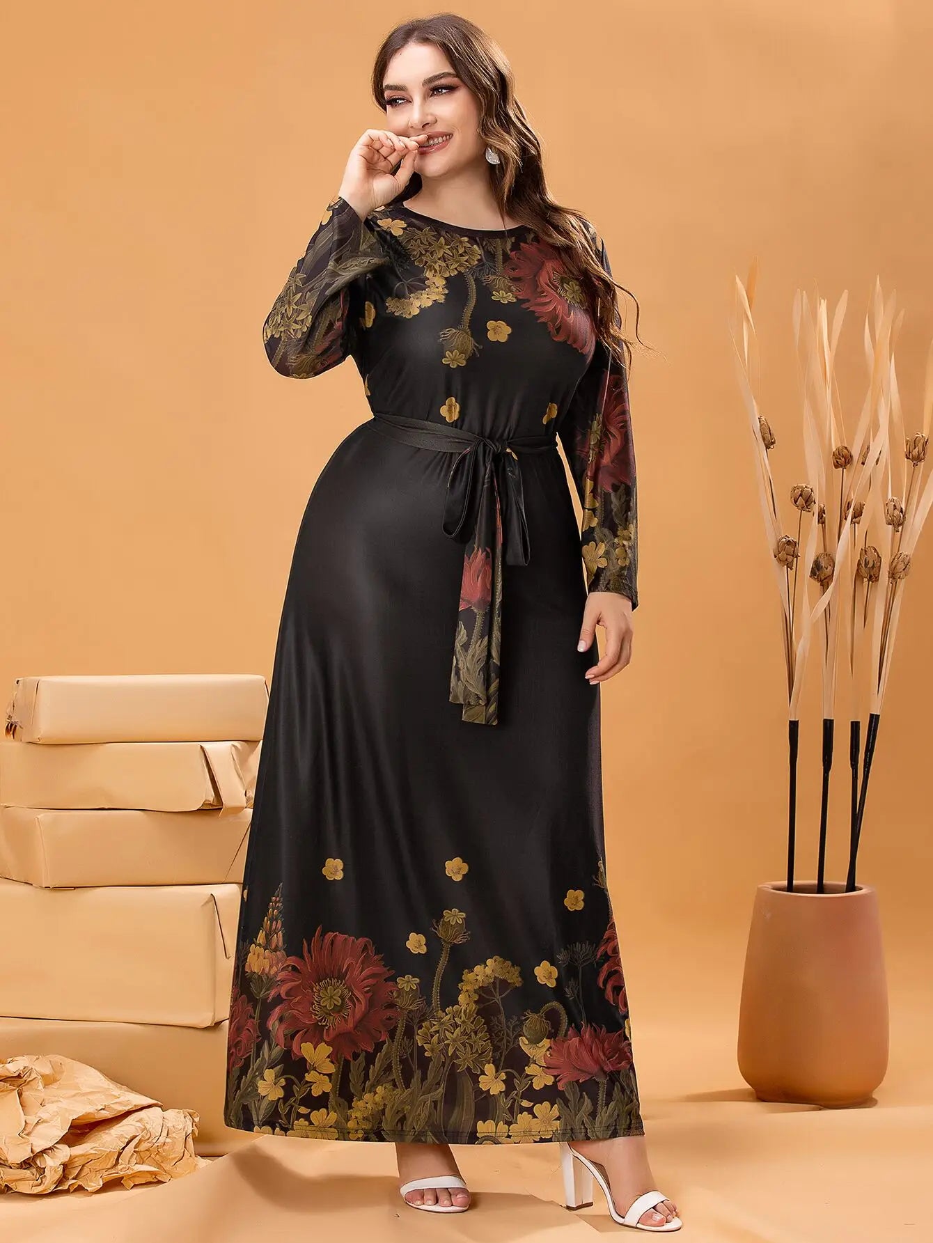 Plus Size Floral Print Long Sleeve Maxi Dress