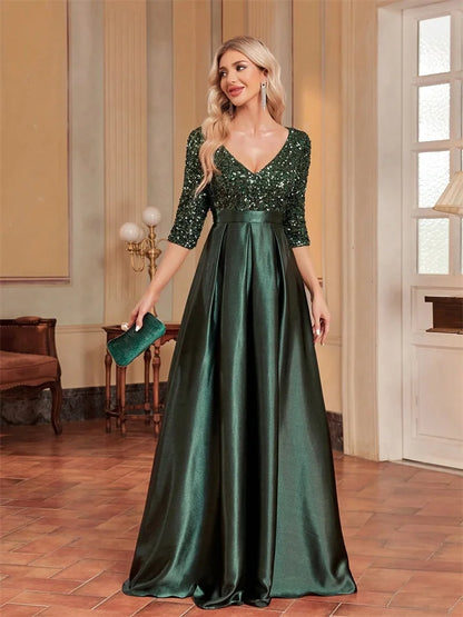 Elegant Green Sequin Satin Evening Gown for Women