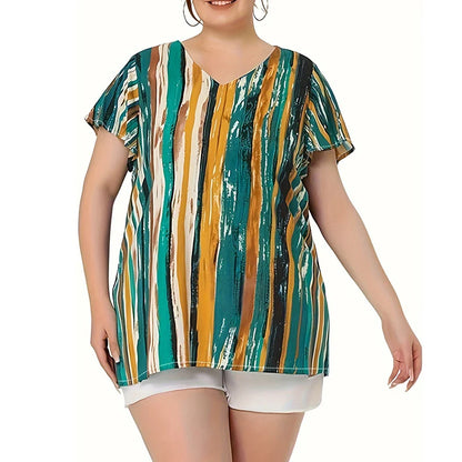 Plus Size Abstract Stripe Print V-Neck Top